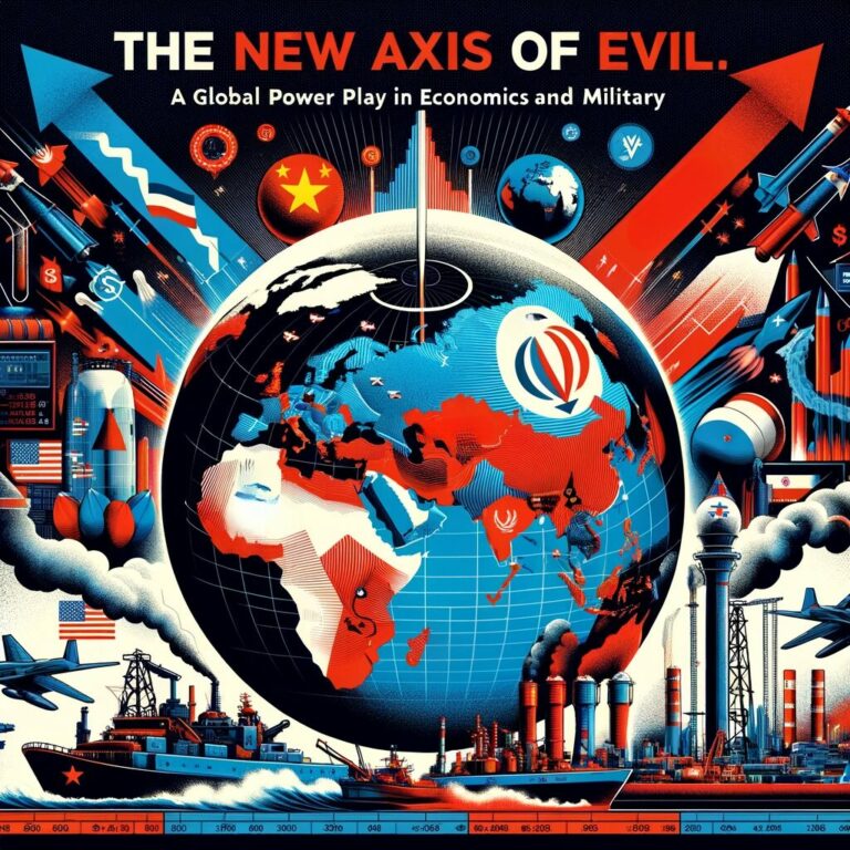 This compelling illustration captures the essence of 'The New Axis of Evil', spotlighting the formidable union of Russia, China, Iran, and North Korea. Economic prowess and military strength are visually depicted through bold icons of global finance and strategic defense, symbolizing the shifting power dynamics in contemporary geopolitics.