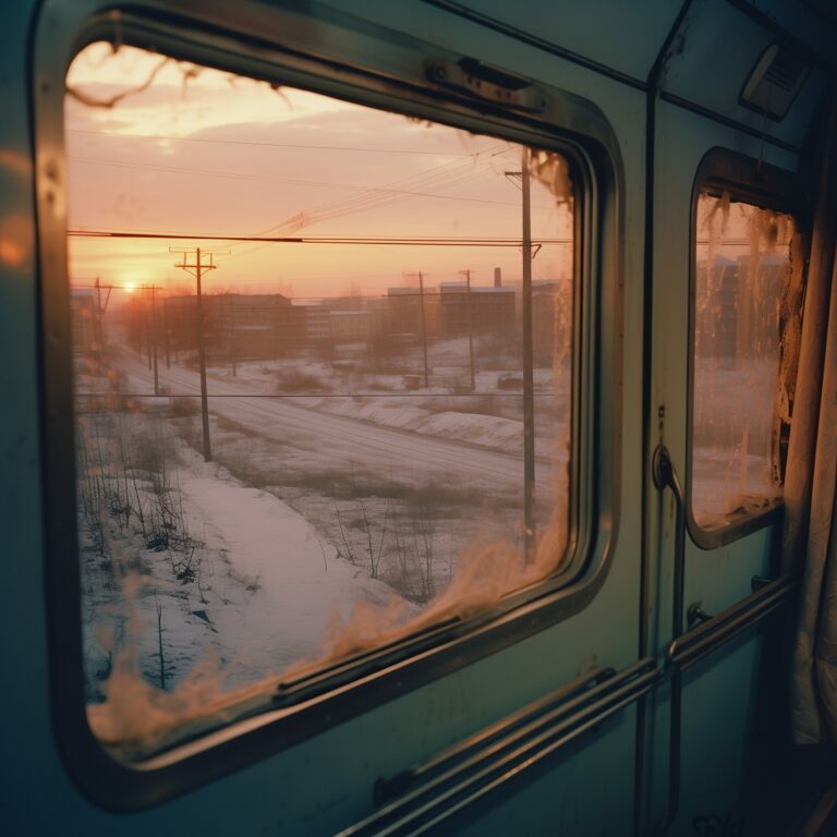 The view out the window of a train going through Russia